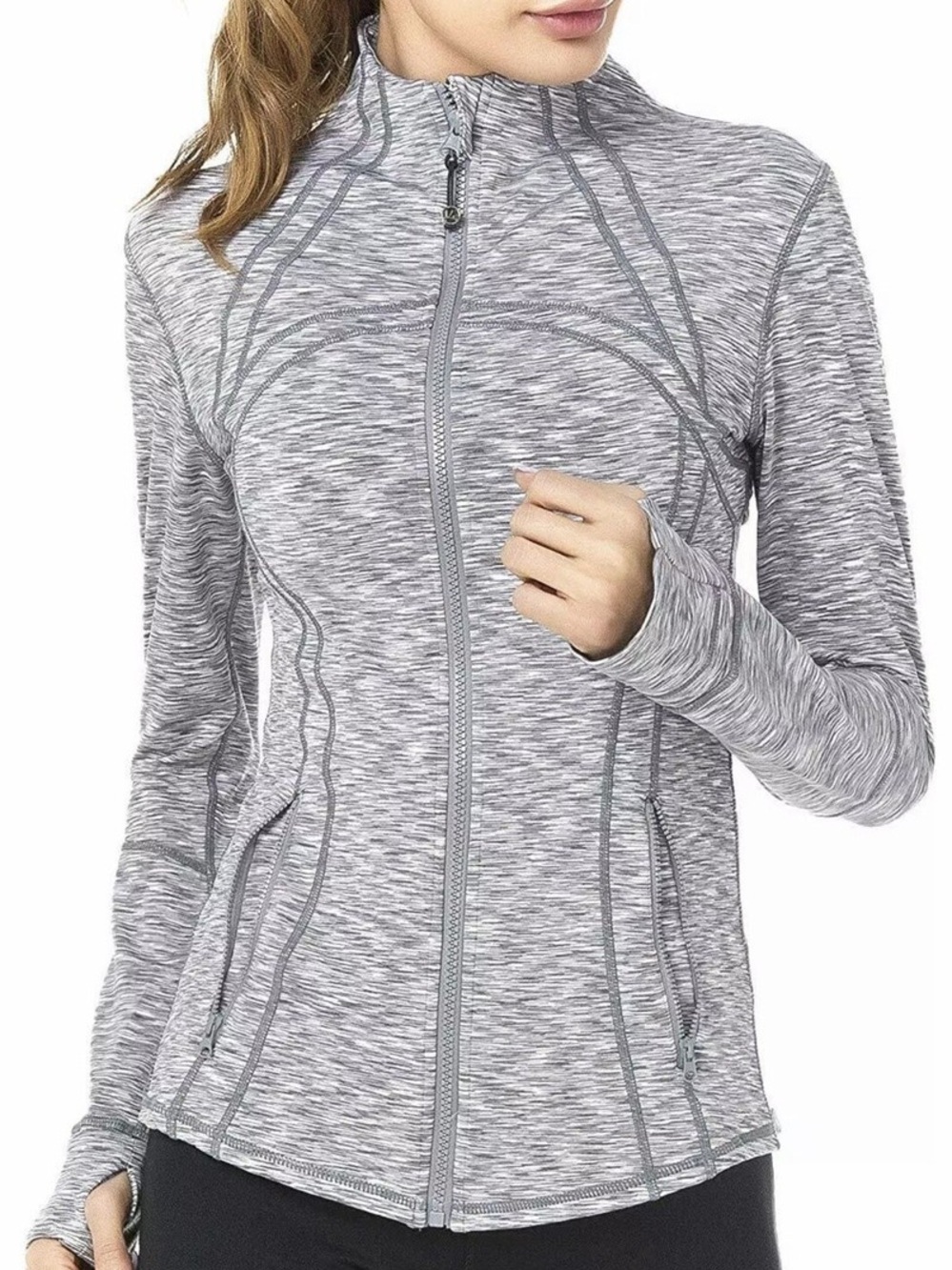 Lululemon Define Jacket in a heathered gray space-dye pattern